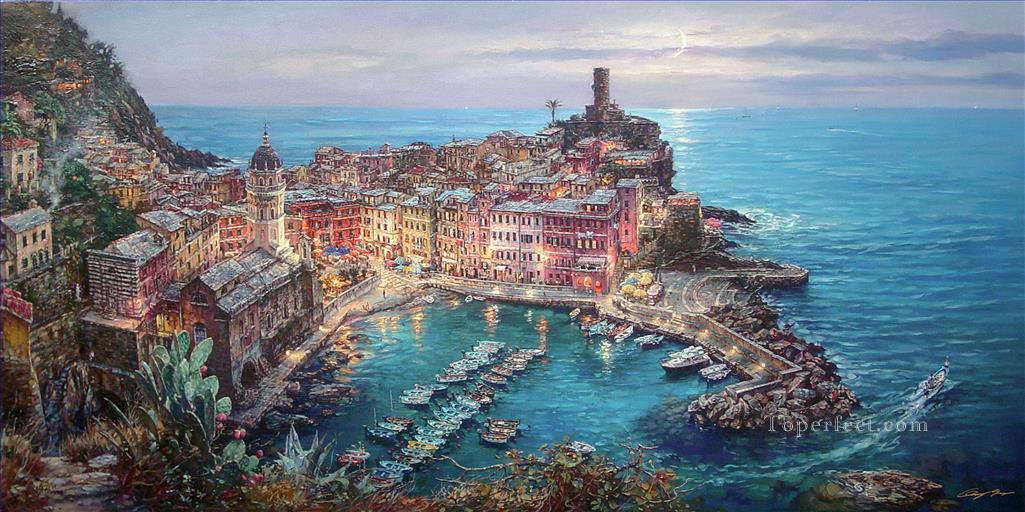 Moonlight in Vernazza Italy scenery Oil Paintings